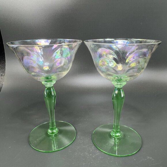 Uranium Stems Champagne Glasses Cups Herringbone Optic Iridescent Finish Set 2 - Picture 8 of 16